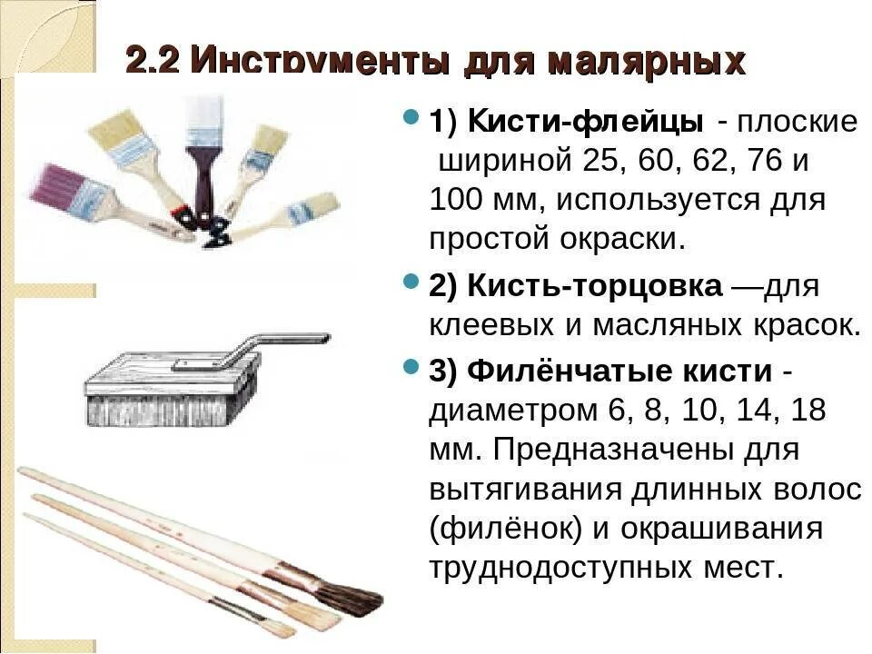 Класс малярных работ. Виды кисточек для малярных работ. Виды кистей для малярных работ. Название кистей для малярных работ. Разновидности кистей для малярных работ.