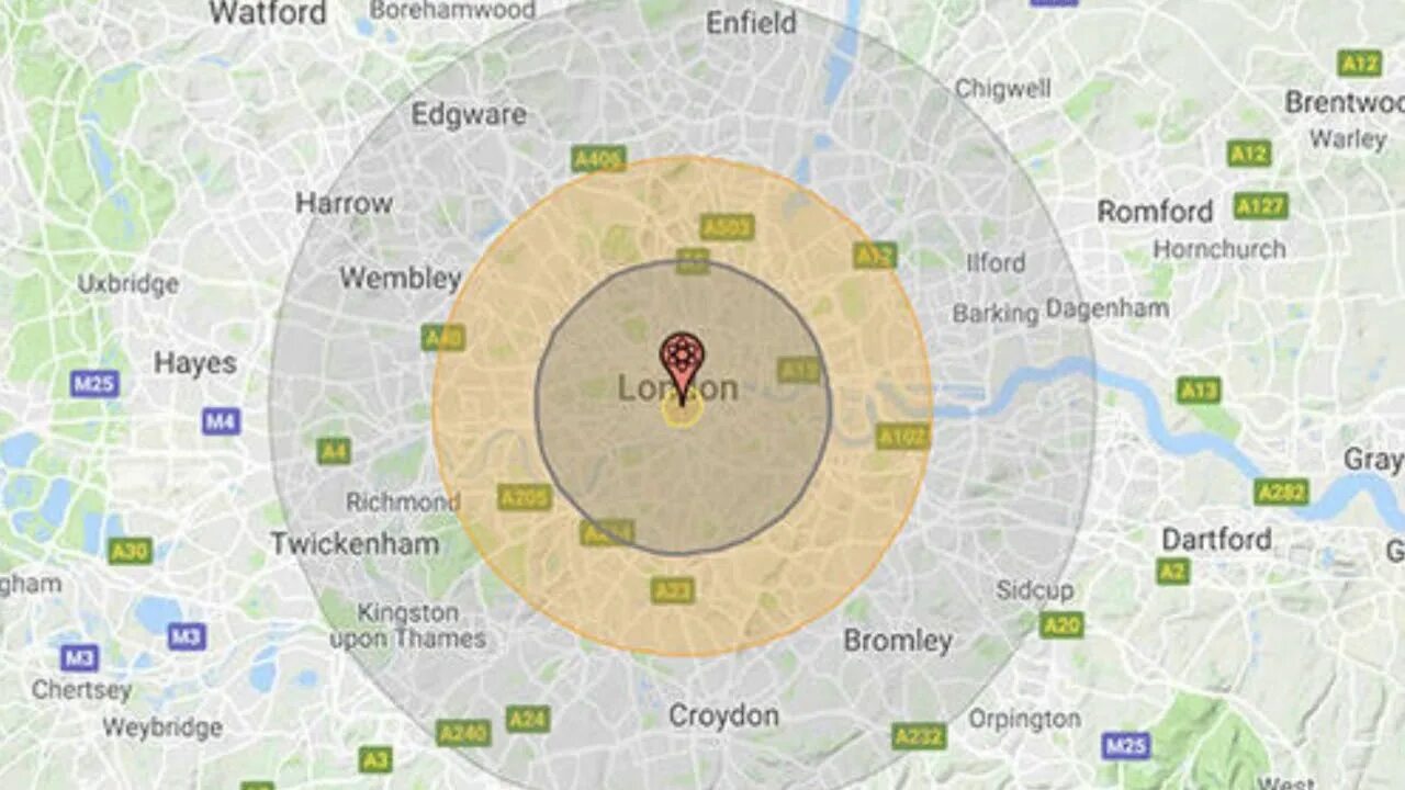 Ядерный удар по Лондону. Карта радиации в Великобритании. Карта Лондона с ядерным ударом. Nukemap.