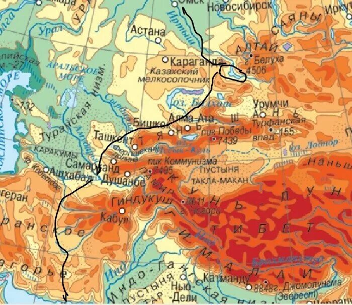 Карта рельефа средней Азии. Рельеф центральной Азии карта. Хребты центральной Азии карта. Саяны на карте евразии