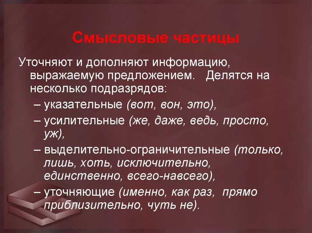 Разряды частиц егэ. Уточняющие частицы. Уточняющая частица примеры. Частица уточнения примеры. Уточняющие и уточняемые частицы.