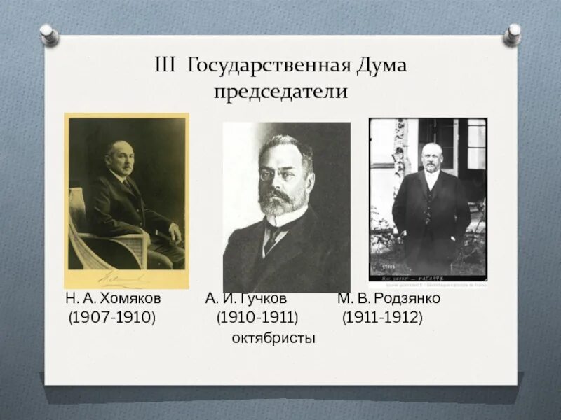 3 Государственная Дума Гучков хомяков Родзянко. Н.А хомяков а.и Гучков м.в Родзянко. С.А. Муромцев, н.а. хомяков, а.и. Гучков, м.в. Родзянко. Председатели 3 государственной Думы были Гучков.