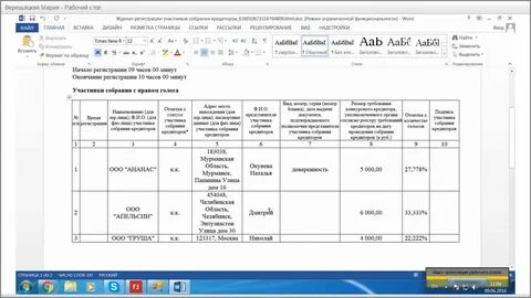 Заполнение списка кредиторов