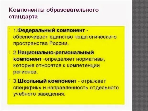 Учебный компонент школы. Компоненты стандарта образования. Компоненты гос образовательные стандарты. Школьный компонент стандарта образования это. Федеральные компоненты государственных образовательных стандартов.