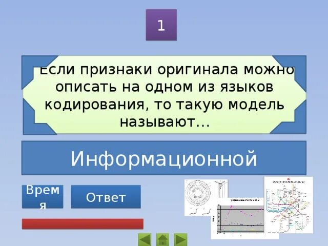 Информационный ответ. Модели, представленные на одном из языков кодирования информации. Признаки оригинала. Описание признаков оригинала на языках кодирования информации. Это модель признаки оригинала.