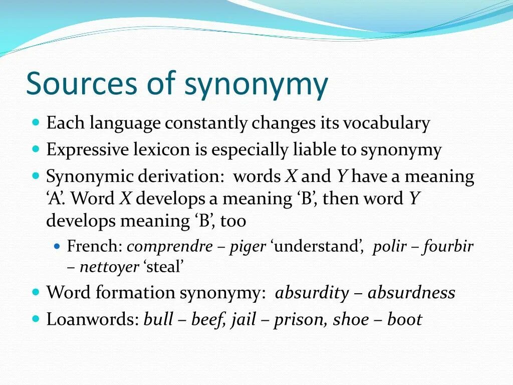 Then meaning. Sources of Synonymy. Sources of synonyms. Synonyms. Sources of Synonymy. The main sources of Synonymy are:.