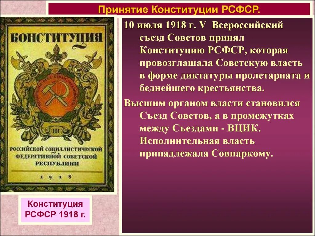 Первая конституция основные положения. Принятие Конституции РСФСР 1918. Конституция РСФСР 1918 года основные положения. Первая Конституция России 1918. Принятие Конституции 1918 года.