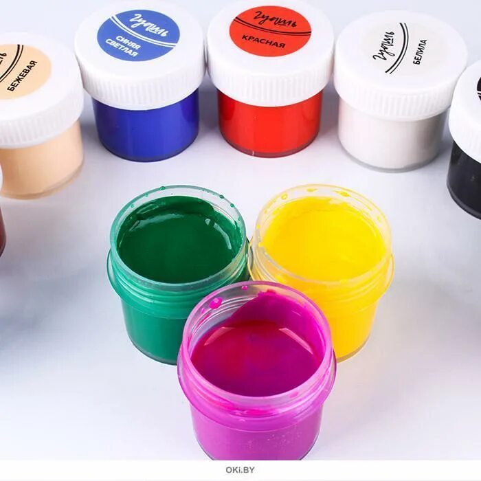 Гуашь луч "классика" 9 цв. Баночка чёрной гуаши. Гуашевые краски вид сверху. Чем отличается краски от гуаши. Гуашь "классика", 9 цветов.