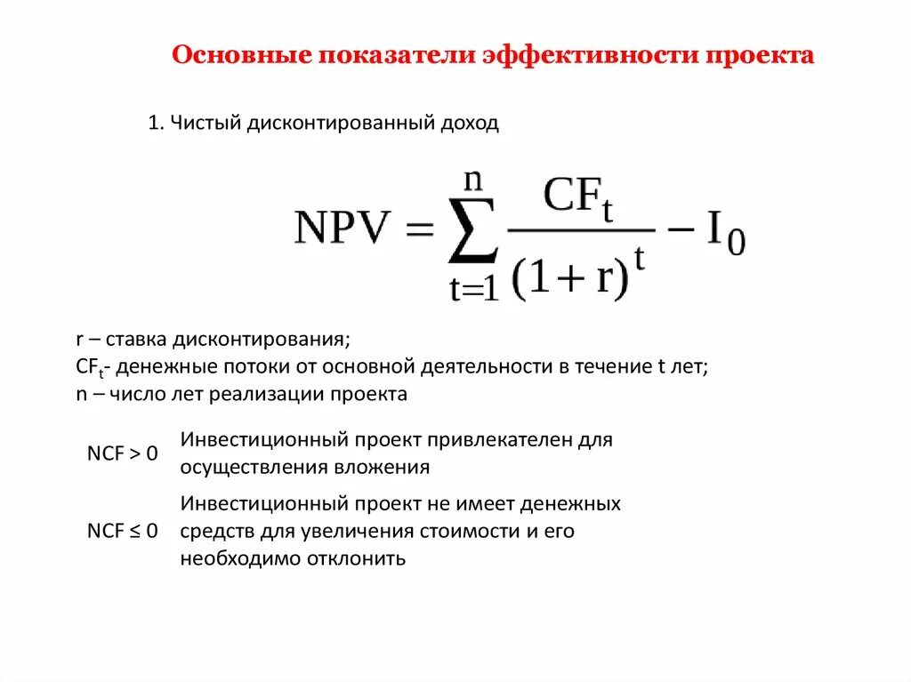 Критерии эффективности проекта npv. 1. Чистый дисконтированный доход (net present value, npv. ЧДД формула с коэффициентом дисконтирования. Норма дисконта это ставка дисконтирования.