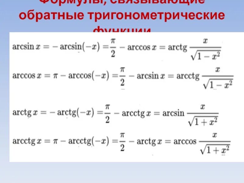 Обратные тригонометрические функции формулы. Тригонометрические формулы функции арксинуса. Формулы связывающие обратные тригонометрические функции. Тригонометрические функции формулы АРК.