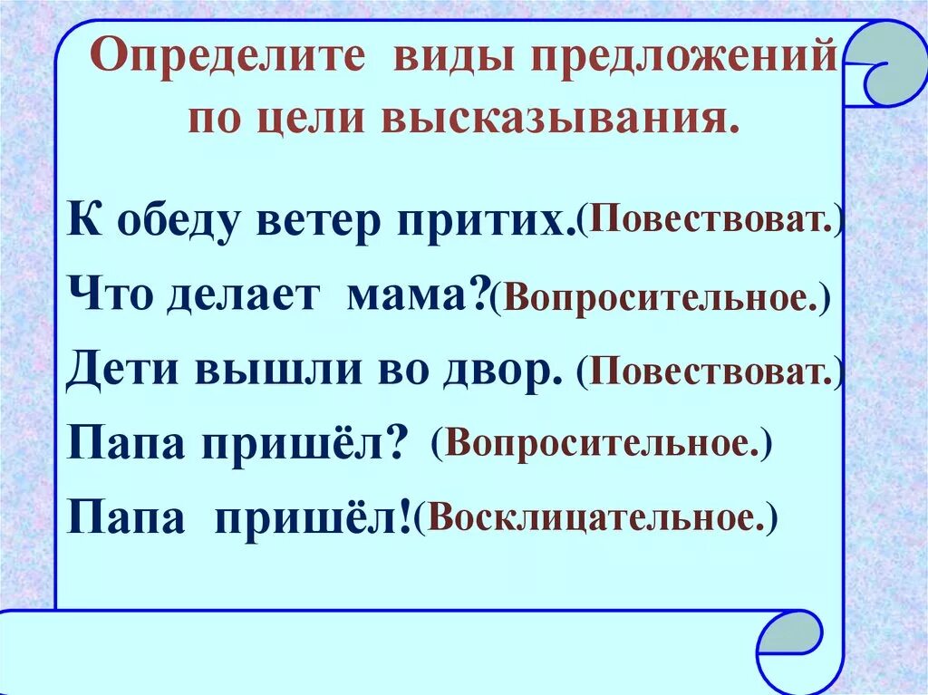 Предложения по цели высказывания. Виды предложений потцели высказывания. Предложения по цели вы. Предложения по ели высказ.