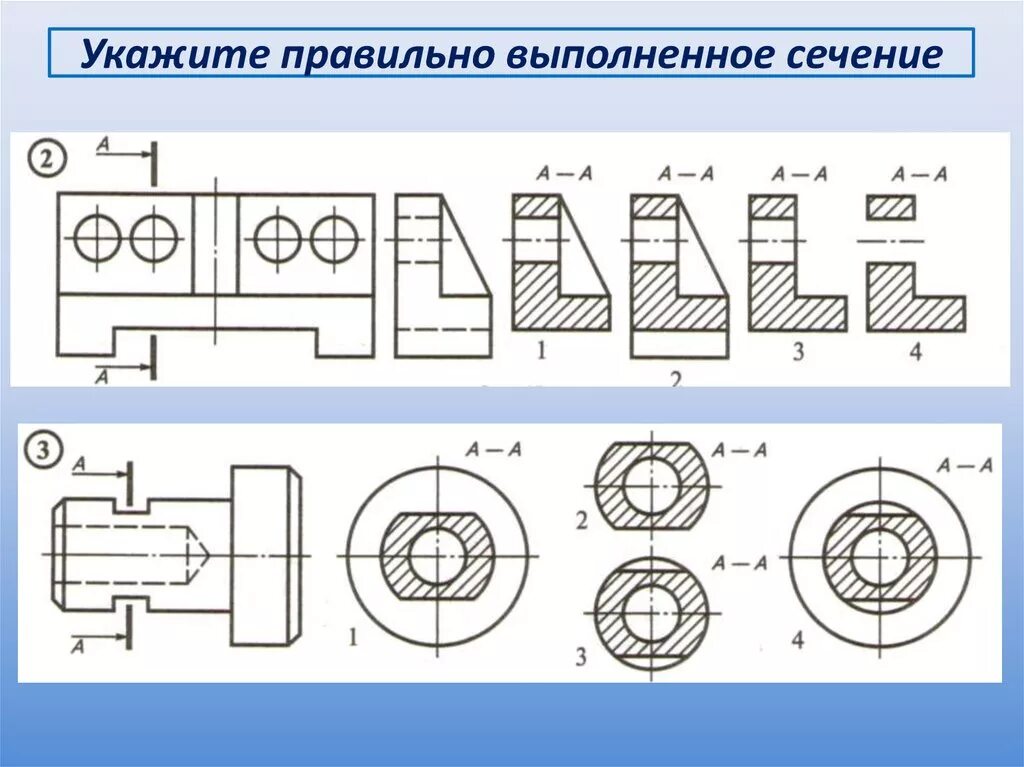 Правильная деталь. Черчение 8 класс сечение чертежи. Карточки по черчению разрезы и сечения. Выполнено сечение на чертеже. Правильное изображение сечения.