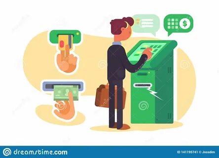 Boy taking cash from ATM stock vector. 