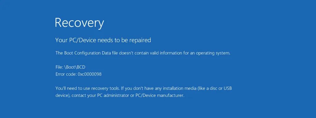 Recovery your device need to. Bcd ошибка. загрузка windows 98 error. your pc device needs to be repaired. boot configuration data file.