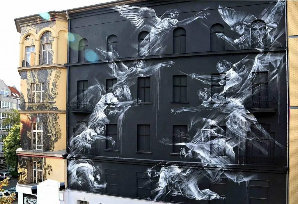 Рисунок на фасаде. Гайа художник стрит арта. Мурал Миллионка. Стрит арт Murals. Современное уличное искусство.