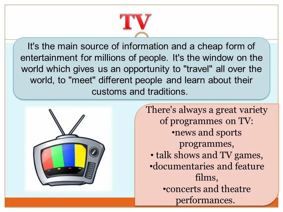 Телевизор информация. Television презентация. Телевизионные программы на английском. Презентации на тему TV programme. Средства массовой информации 9 класс английский язык