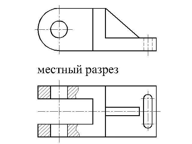 Виды местных разрезов. Местный разрез отверстия на чертеже. Местный разрез по отверстию на чертеже. Местный разрез сквозного отверстия. Местный разрез детали на чертеже.