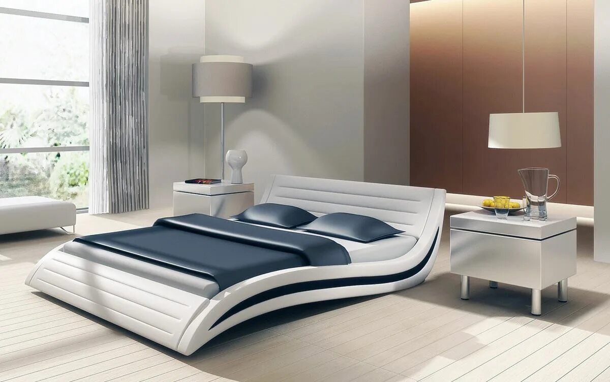 Нестандартные кровати. Кровать Modern Eco-Leather Queen Bed with curves. Кровать Кинг сайз хайтек. Современные кровати Кинг сайз. Необычные кровати двуспальные.
