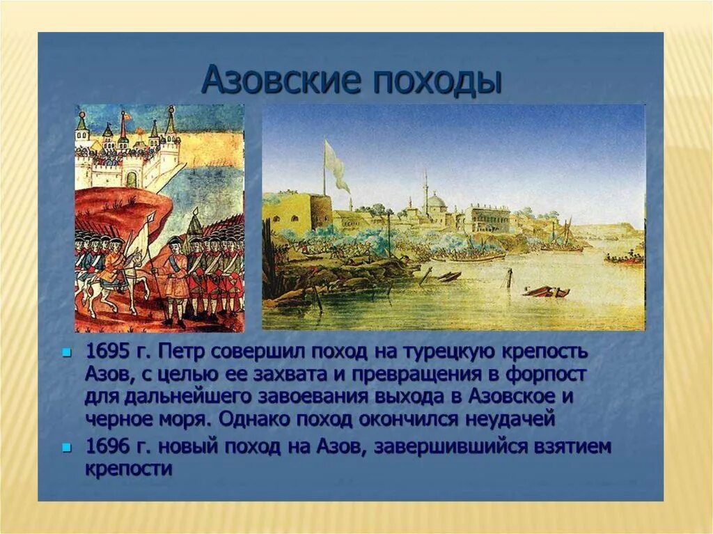 Азовские походы какой век. Азовские походы Петра 1695 1696. Азовские походы Петра 1 Осада Азова. Азовские походы Петра 1695.