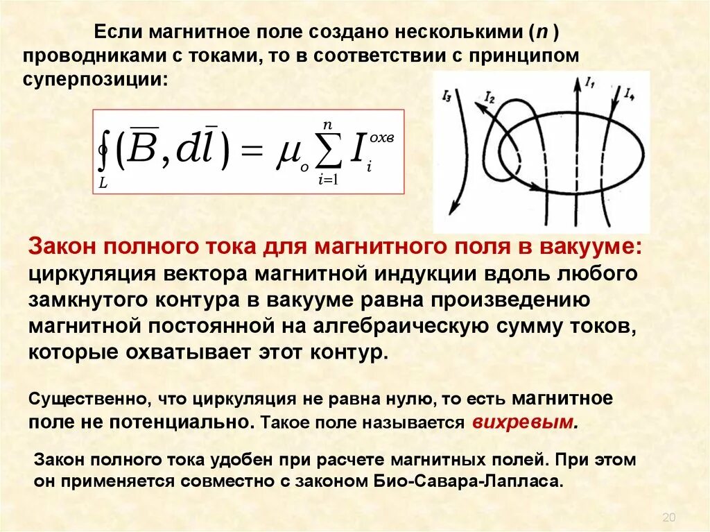 Полный ток контура. Циркуляция вектора магнитной индукции. Закон полного тока. Теорема о циркуляции вектора магнитной индукции закон. Закон полного тока для магнитного поля в вакууме. Теорема о циркуляции вектора магнитной индукции.