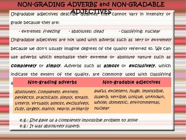 Non-gradable adjectives правило. Gradable and non-gradable adjectives. Gradable and ungradable adjectives в английском. Прилагательные gradable non-gradable. Graded adjectives