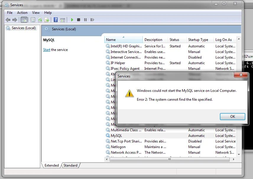 Служба MYSQL. MYSQL сервер запущен. Запуск сервера MYSQL. The System cannot find the file specified. Cannot start service