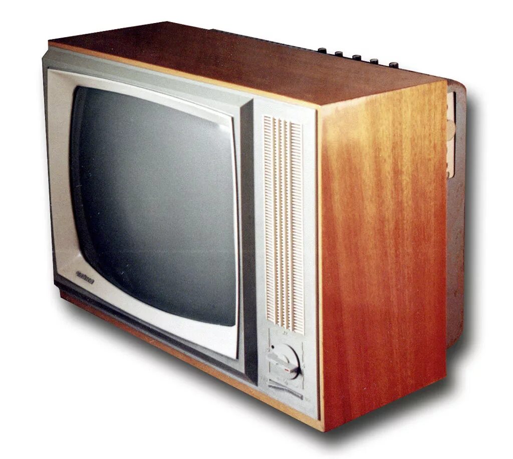 старинный телевизор. старый телевизор. старинный телевизор. пузатый телевизор сбоку. телевизор старого типа.