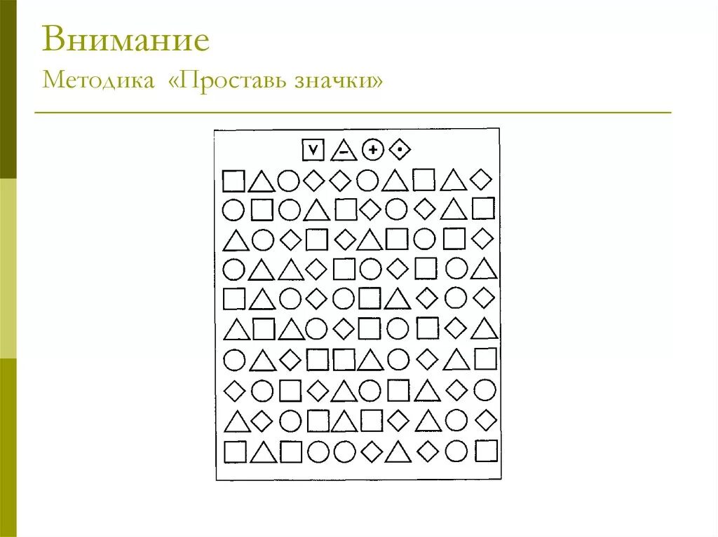 Изучение особенностей внимания. Проставь значки методика Пьерона-Рузера. Методика Пьера-Рузера «проставь значки». Методика «проставь значки» (модификация метода Пьерона - Рузера). Проставь значки диагностика внимания у дошкольников.