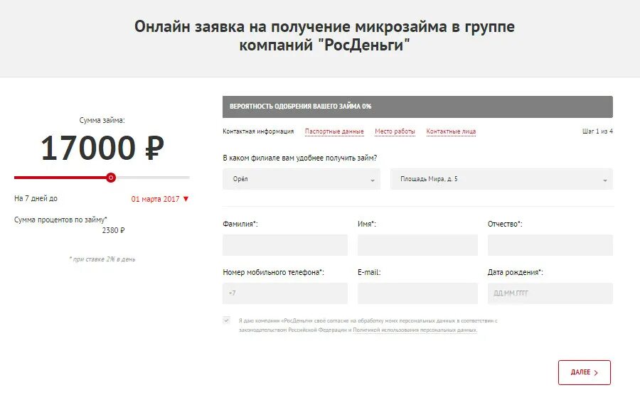 Заявка на получение микрозайма. Анкета РОСДЕНЬГИ. Вероятность одобрения займа.