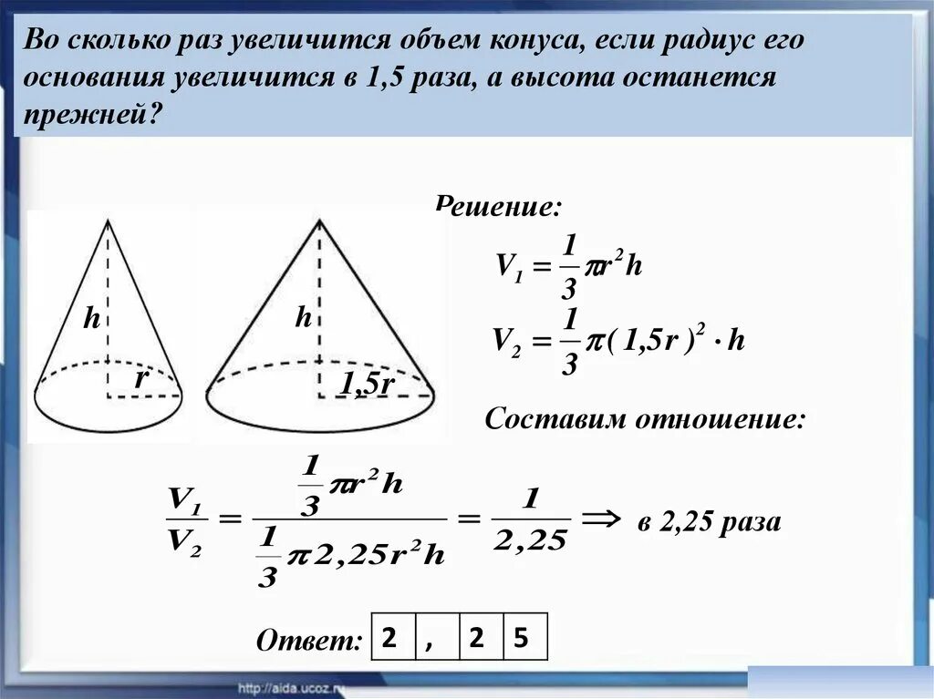 Объем конуса с двумя основанием. Радіус конуса. Высота и объем конуса. Отношение объемов конусов. Задачи на объем конуса.