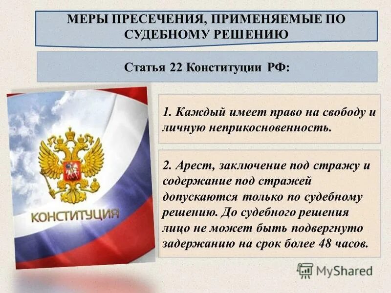 Рф никто не может быть. 22 Статья Конституции. 22 Статья Конституции Российской. Статья 22. Статья 22 Конституции РФ.