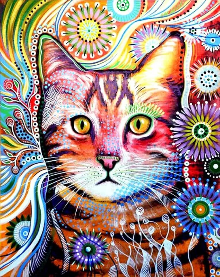 Цветные коты. Рисунки разноцветные. Стилизованные коты. Разноцветный кот.