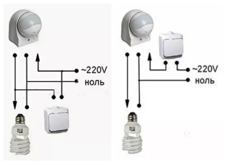 Подключение датчика движения к лампочке. Схема установки выключателей с датчиком движения. Схемы подключения датчика движения с выключателем для света. Схема подключения 2 датчиков движения на 2 лампочки. Как подключить датчик движения с выключателем схема.