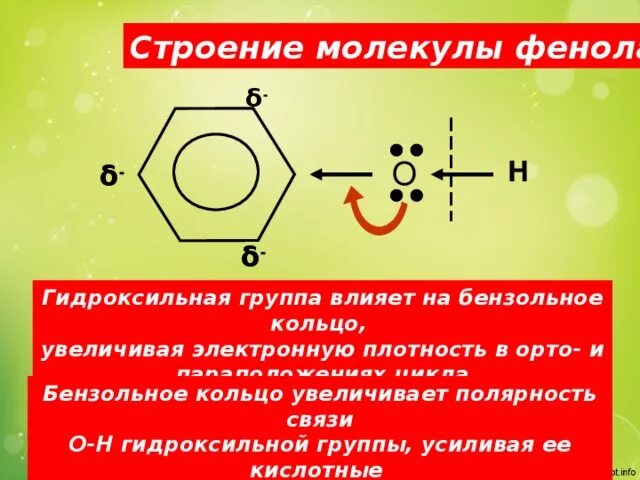 Строение молекулы фенола 10 класс. Строение молекулы фенола. Строение бензольного кольца. Электронное строение фенола.