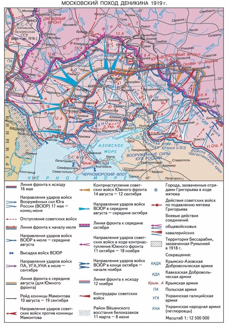 Карта боевые действия продвижения. Фронт гражданской войны в России 1919. Московский поход Деникина 1919. Карта гражданской войны 1919 Деникин. Наступление Деникина 1919 карта.