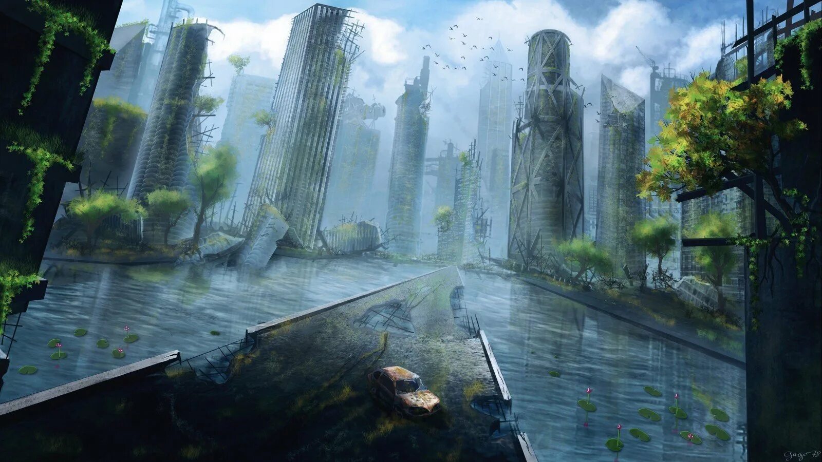 Локации будущего. Постапокалипсис sci fi город арт. nier city ruins. фантастические пейзажи. город будущего.