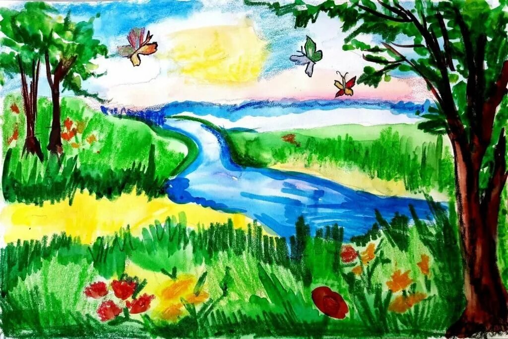 Рисунок лета для детей. Рисунок лето. Летний пейзаж для детей. Рисунок на тему лето. Летние темы для рисования с детьми.