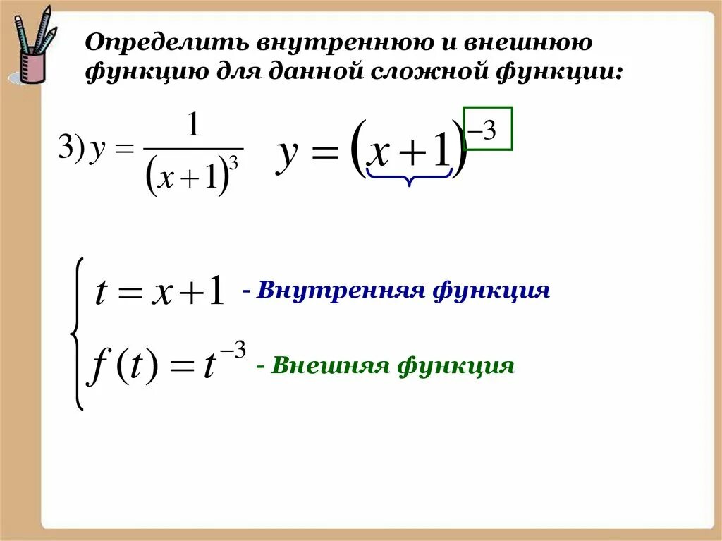 Сложной функцией является. Указать внешнюю и внутреннюю функцию. Как определить внутреннюю и внешнюю функцию. Производная внешней и внутренней функции. Внутренняя и внешняя функции в сложной функции.