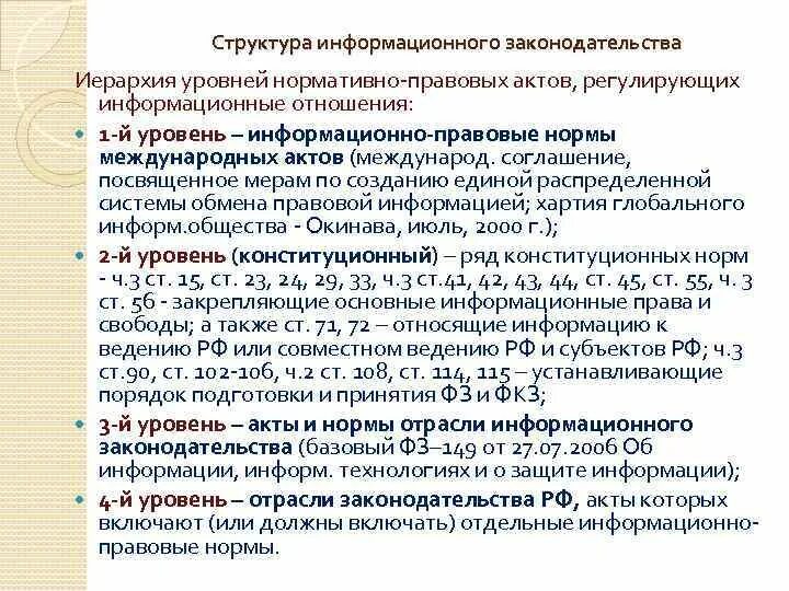 Уровни нормативно правовых актов в рф. Структура информационного законодательства иерархия. Структура НПА. Структура нормативных документов в РФ.