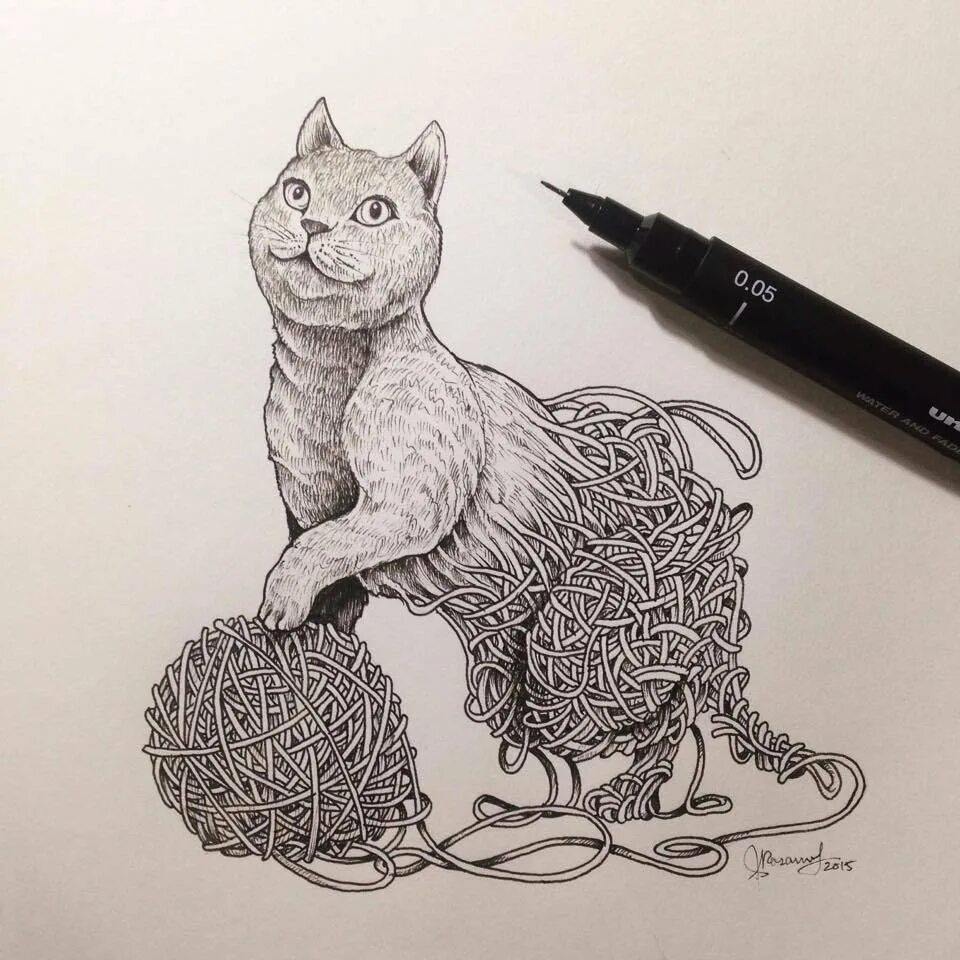 Сложные рисунки котик. Иллюстратор Керби Розанес. Рисунки черной ручкой. Скетчи ручкой. Необычные рисунки карандашом.