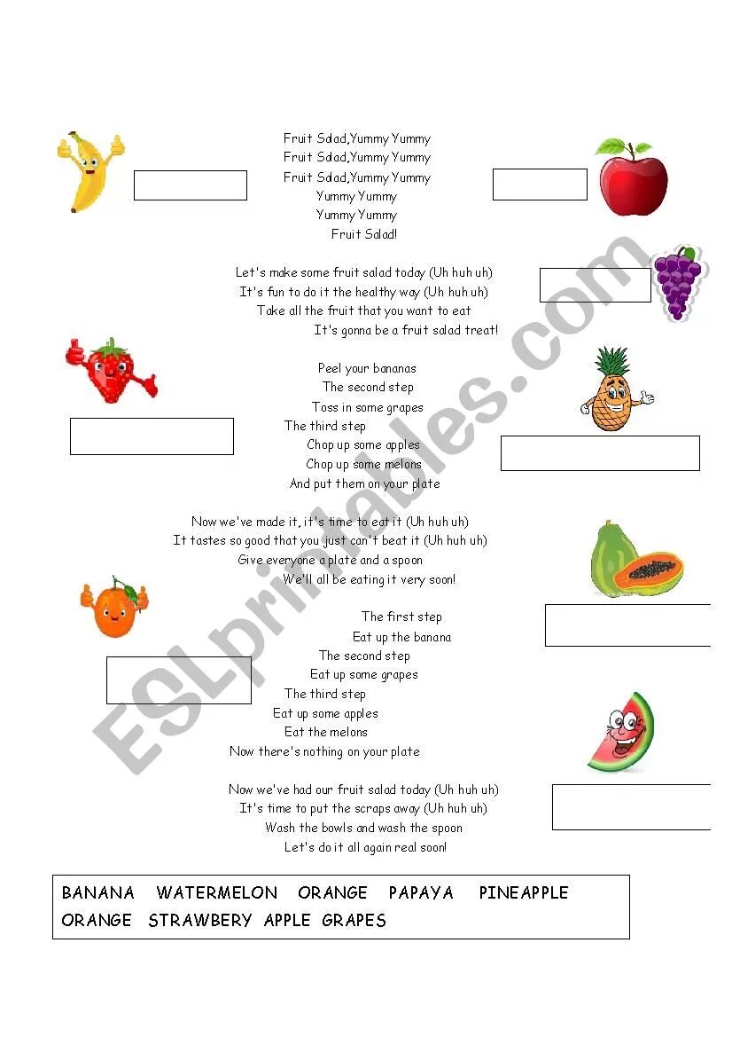 Fruit Salad Recipe for Kids Worksheet. Fruit Salad Recipe for Kids in English. Fruit Salad Recipe Worksheet. How to make Fruit Salad Worksheets.