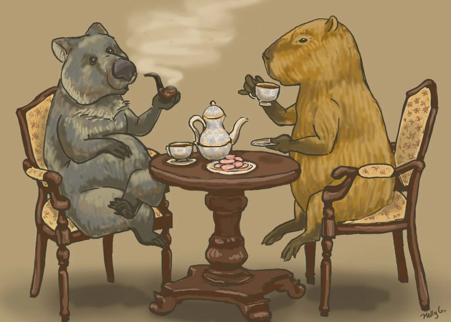 Капибара и чай. Чаепитие животных. Чаепитие с медведем. Медведь за столом пьет чай. Лошадь пьет чай
