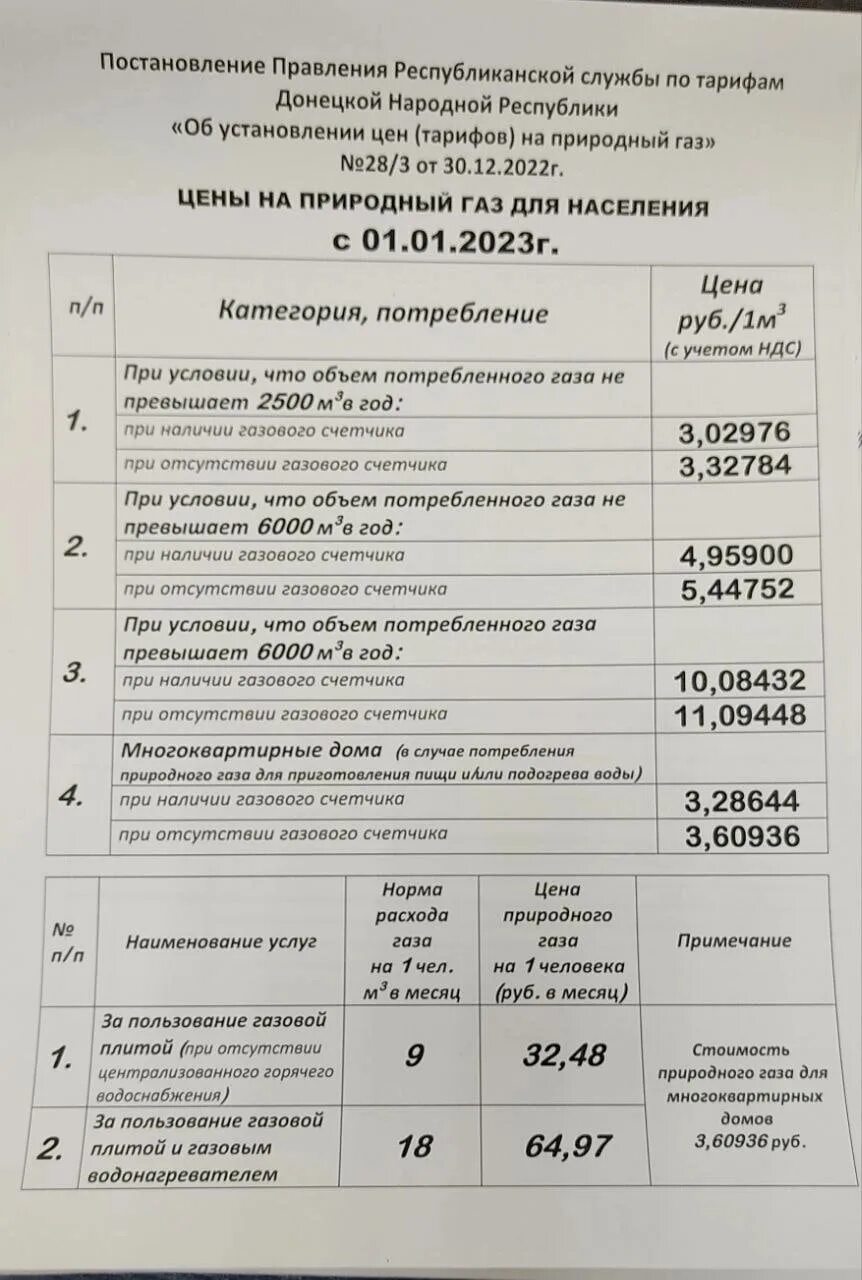 Опс тариф 2023. Тариф на ГАЗ В ДНР 2023 года для населения. Тарифы на ГАЗ В ДНР. Квартплата в ДНР тарифы. Тариф на ГАЗ ДНР 2023 без счетчика.