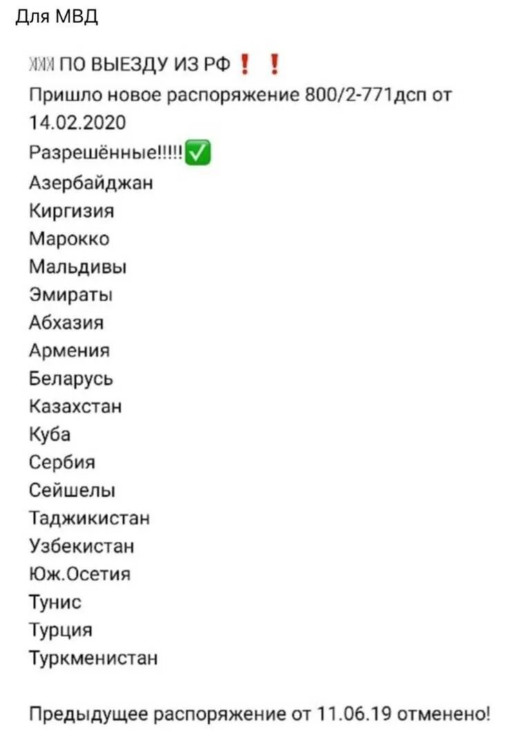 Список стран для сотрудников мвд в 2024