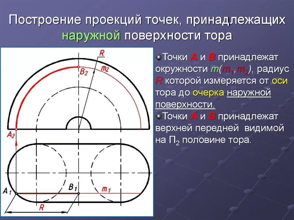 Внутренняя горизонтальная поверхность. Проекции точек на торе. Построение линий и точек принадлежащих поверхности. Построение точек принадлежащих поверхности.