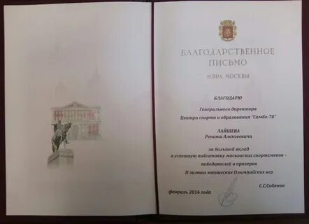 Благодарность мэра москвы