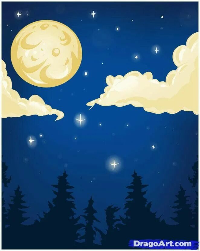 Окр мир ночью. Ночь мультяшная. Ночное небо мультяшное. Звездное небо рисунок. Рисунок ночного неба.