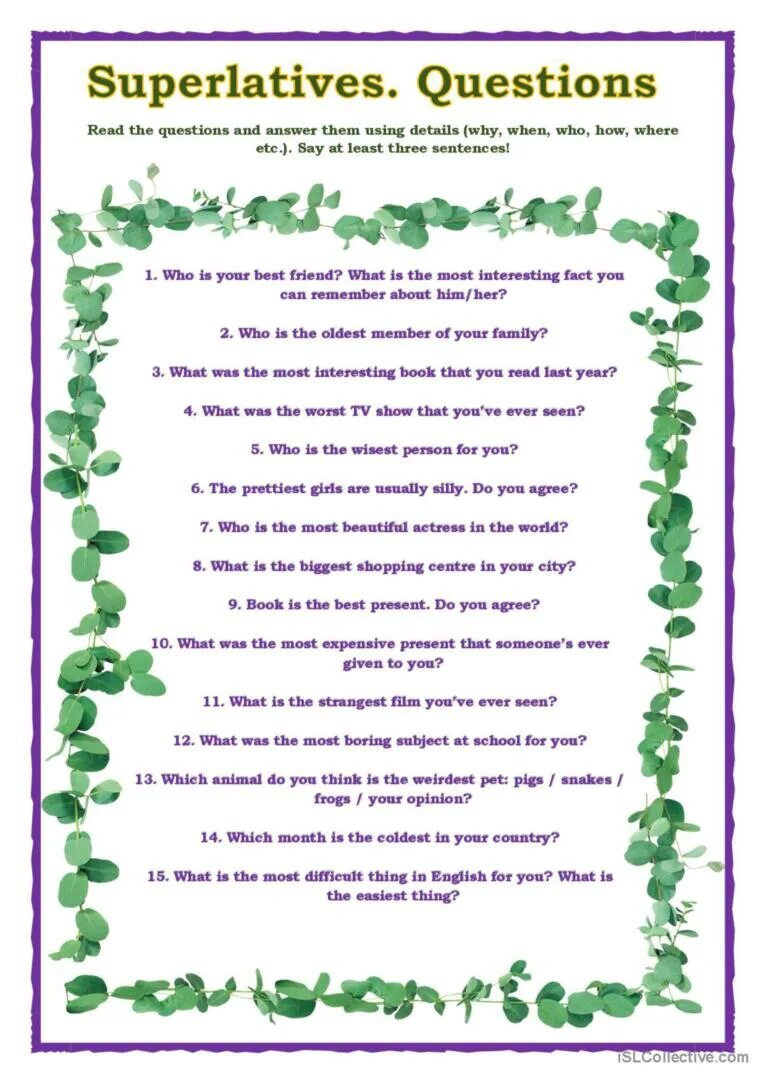 Reading speaking questions. Superlative speaking. superlative questions. superlative adjectives speaking. comparison of adjectives speaking activities.