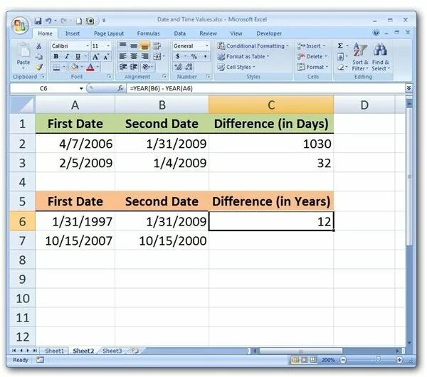 Time between dates. Sale difference between years in excel.