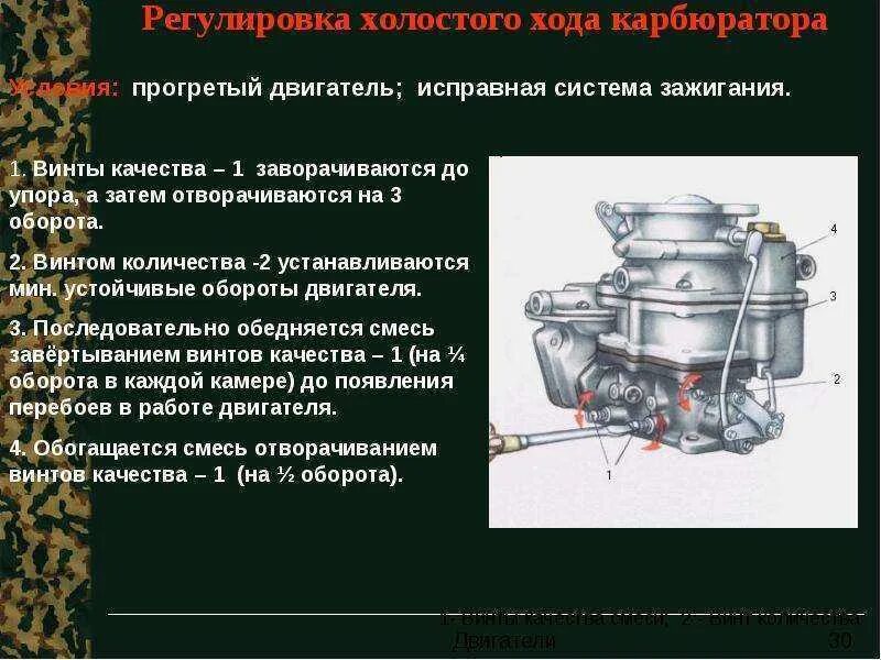 Повышение холостых оборотов. Регулировка оборотов холостого хода карбюраторных двигателей. Карбюратор ЗИЛ 130 регулировочные винты. Регулировка системы холостого хода карбюратора. Система питания карбюратор к-131.