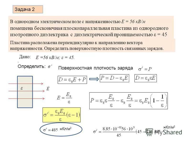 Напряженность электрического поля пластины. Пластина из диэлектрика. В однородном электрическом подн. Электрическое поле в однородном диэлектрике. Поверхностная плотность связанных зарядов на диэлектрике